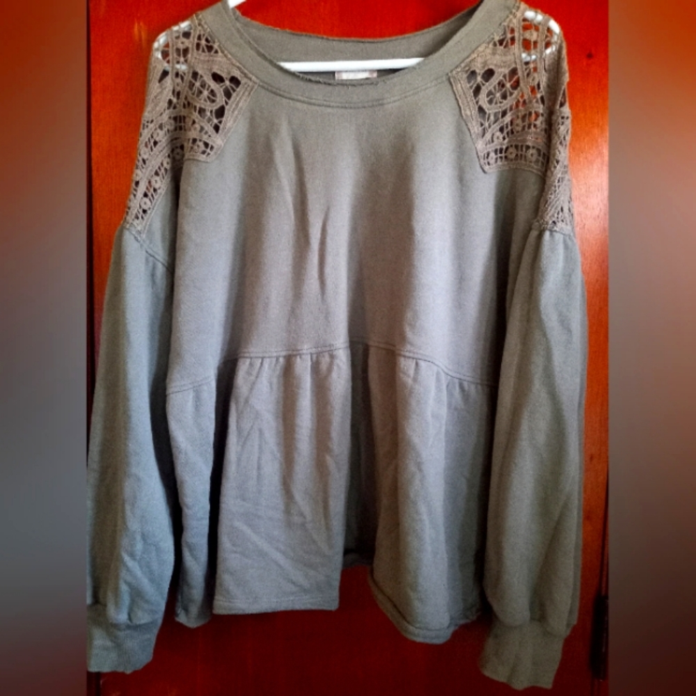 Altar'd State Gray Long Sleeve Top with Lace Detail